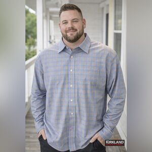 Kirkland Signature Men's Blue and Khaki Checkered Shirt - 19 x 36/37